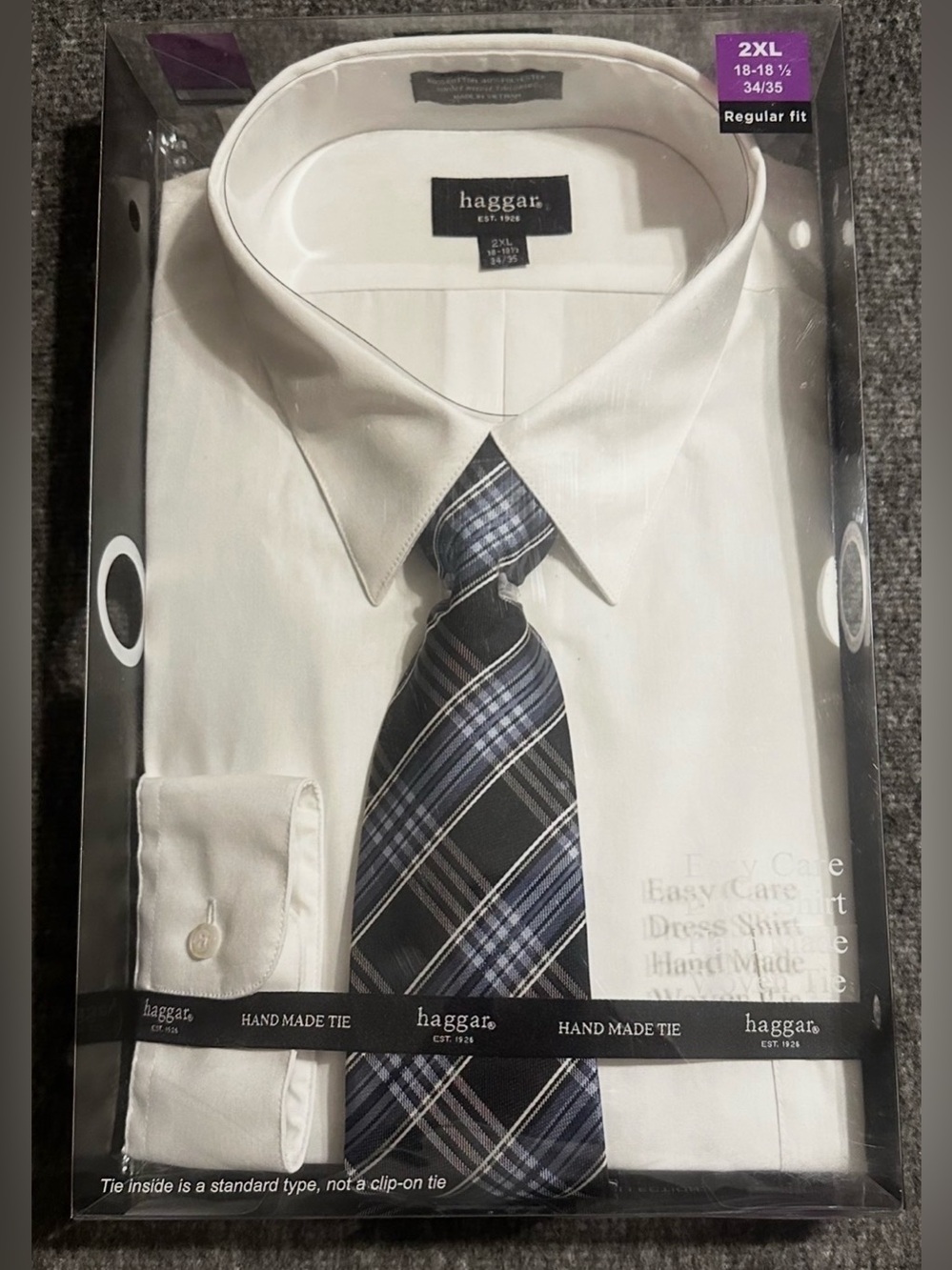Haggar White Dress Shirt with Blue Plaid Tie - 2XL
